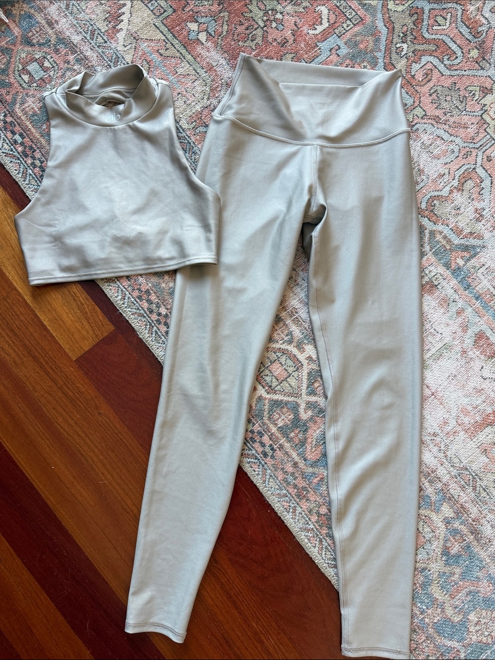 ALO Yoga High-Rise Leggings and Crop Top Set in Light Taupe